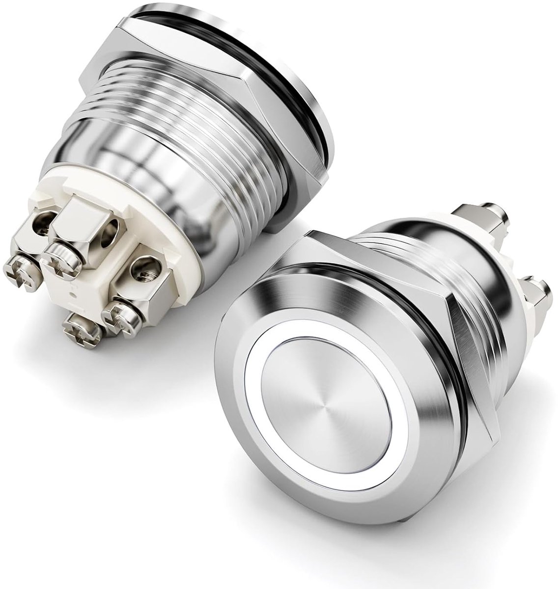 2 stuks 19 mm drukknopschakelaar mini momentan schakelaar van metaal, waterdicht, 1 NO momentan-schakelaar met schroefklem (roestvrij staal, momentan-wit2)