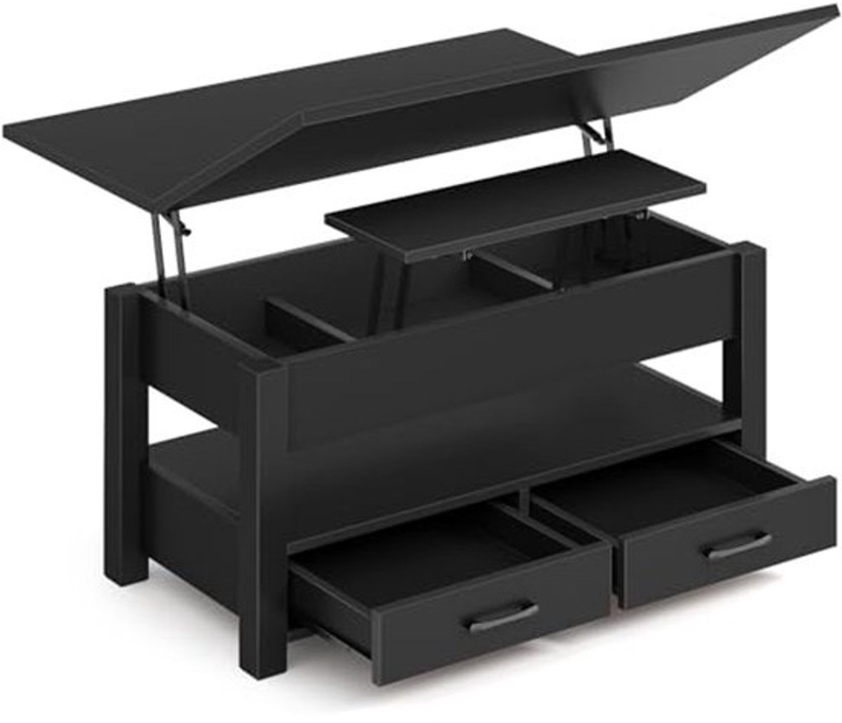 Hoogte Verstelbare Salontafel met Lade en Verborgen Opbergvak - Koffietafel Omvormbaar tot Eettafel - Houten Koffietafel 100 x 50 cm - Zwart