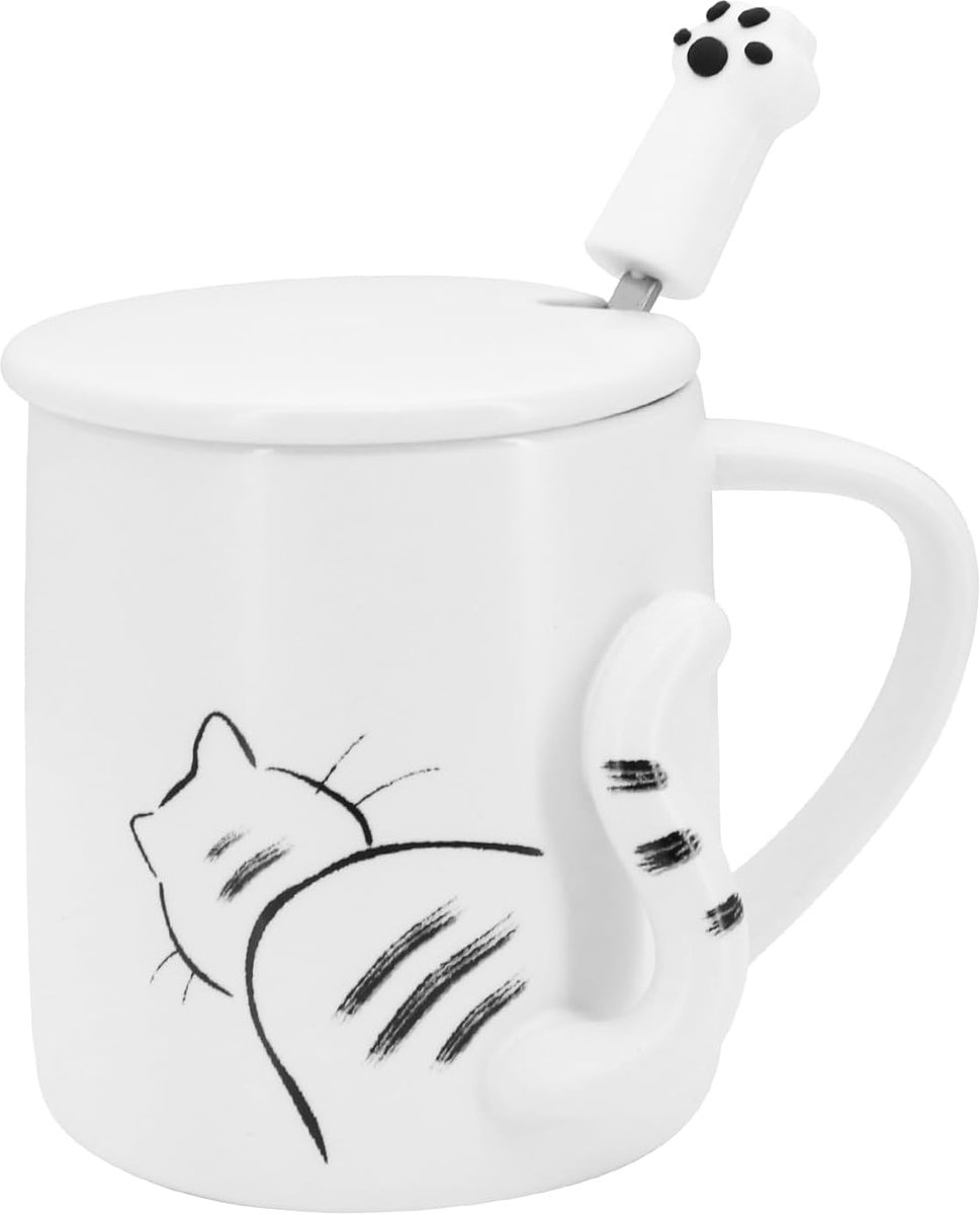 Schattig met deksel en lepel, kerstcadeau, nieuwigheid voor kattenliefhebbers, vrouwen en meisjes, 3D kattenstaart (achterkant)