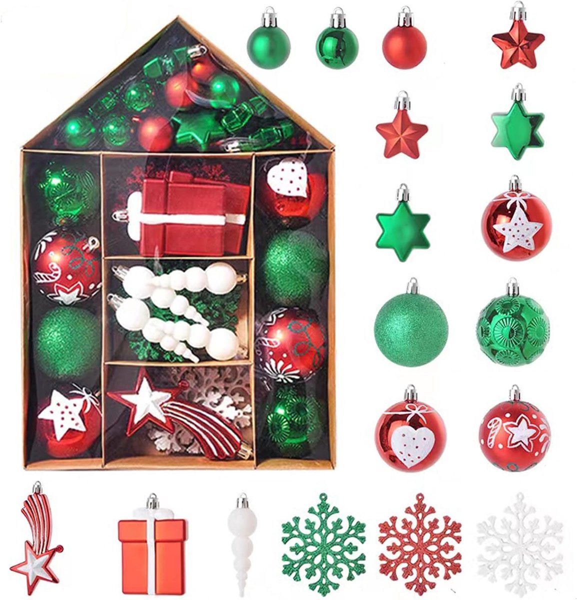 Kerstballen, kerstbal ornamenten voor kerstboomdecoratie (rood groen en wit kleur)