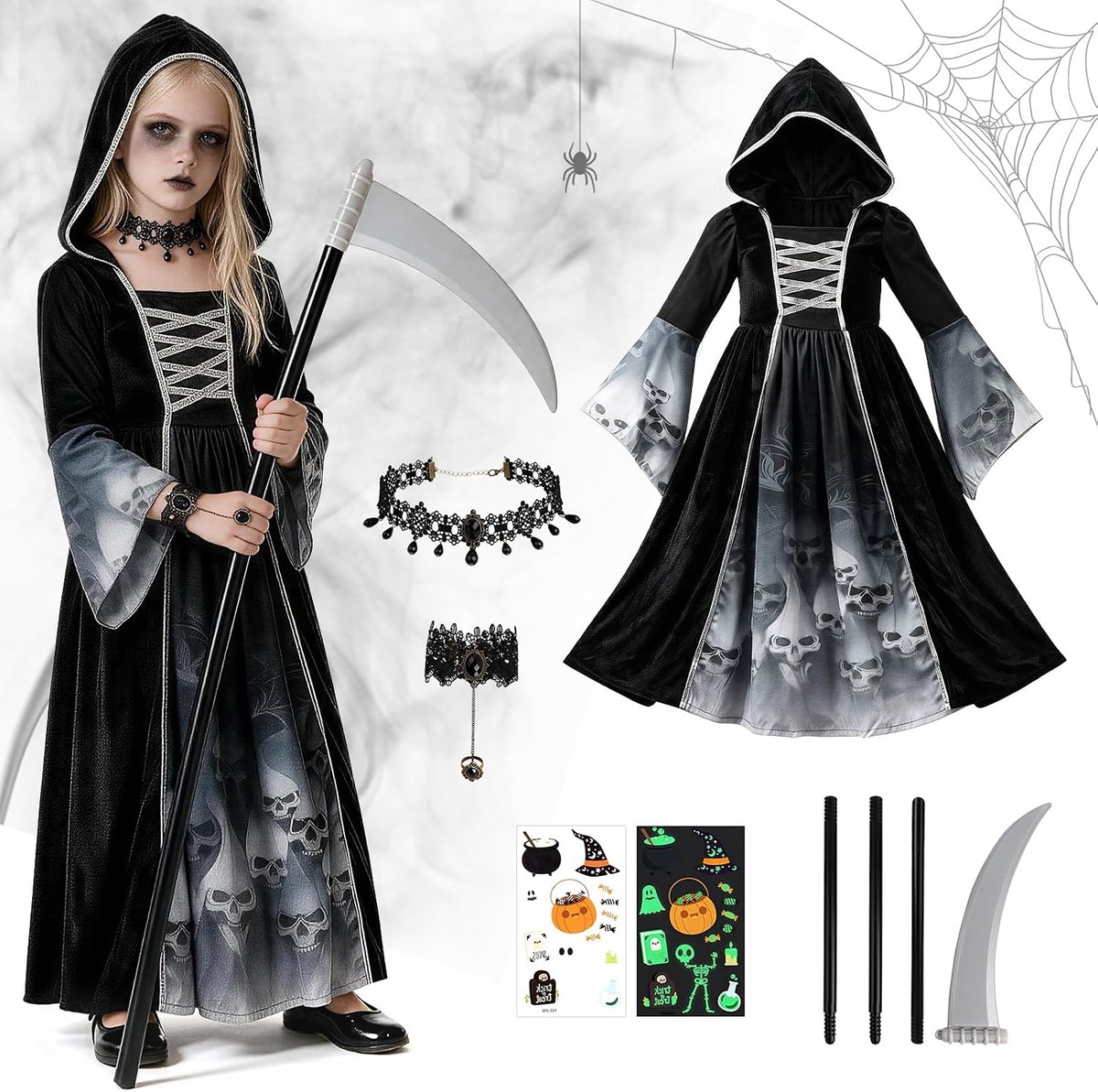 5 stuks Magere Hein Halloween Kostuum Meisjes, Reaper Outfit Kinderen met Scythe Ketting Armband Stickers, Skelet Fancy Dress Perfect voor Halloween Cosplay Party