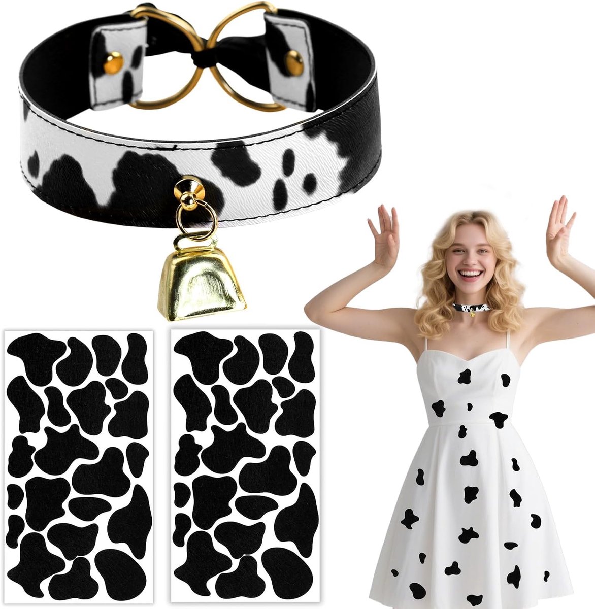 Accessoires, koeienchoker met klokken en viltdrukstickers, dierenkostuum accessoire dierenkostuum volwassenen voor Halloween carnaval cosplay party