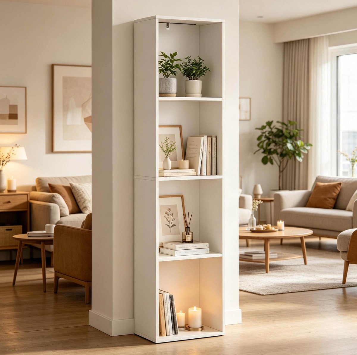 DESMIU Boekenkast - Vier Open Vakken Met Regelbare RGB-Verlichting - 40 x 29 x 170 Cm - Hout - Wit - Voor Woonkamer En Slaapkamer