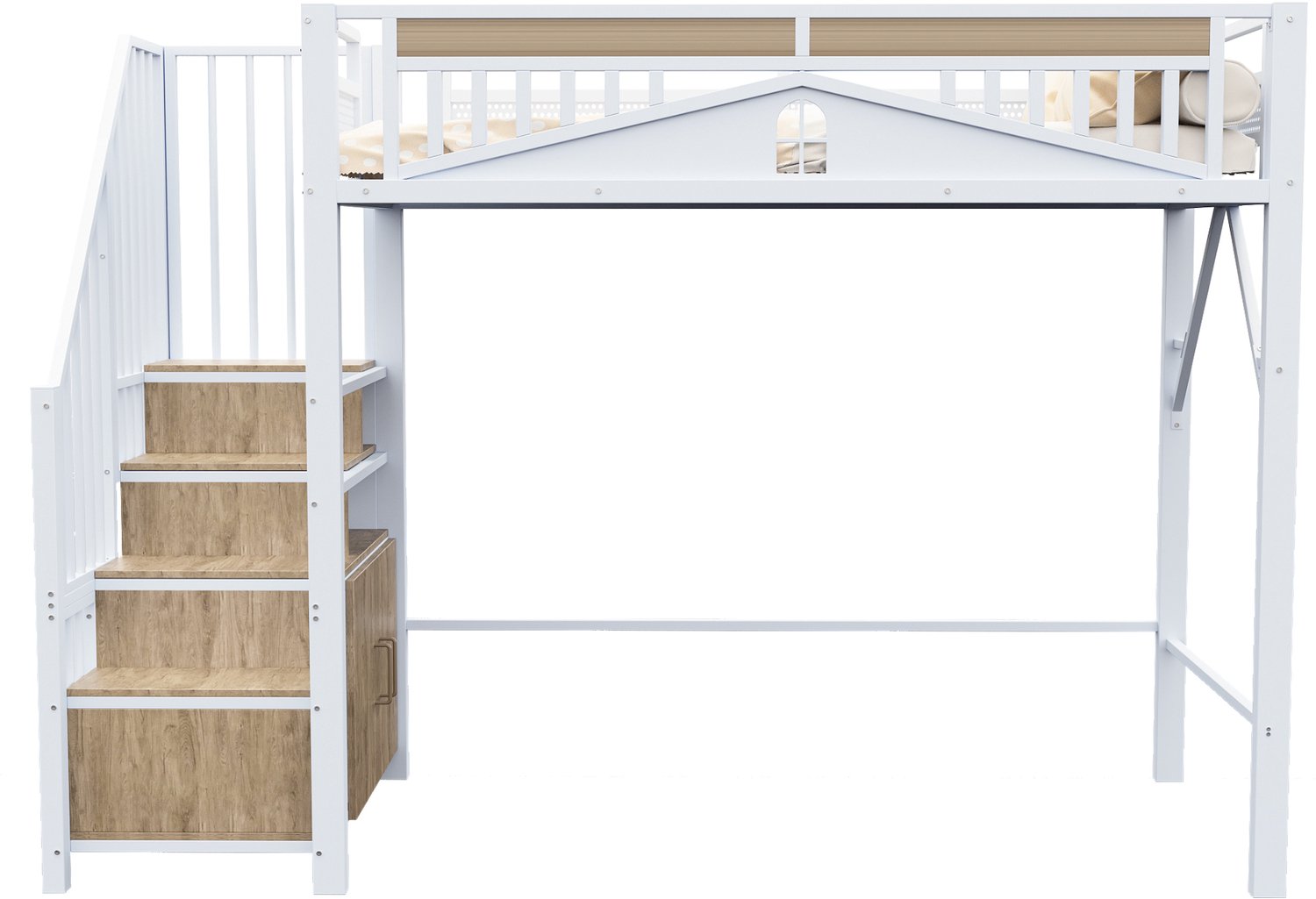 MUVANO Metalen hoogslaper 90 x 200 cm - witte hoogslaper met veiligheidshek - raamvormig hek - trap met opbergruimte - ruimte onder het bed voor kinderkamer
