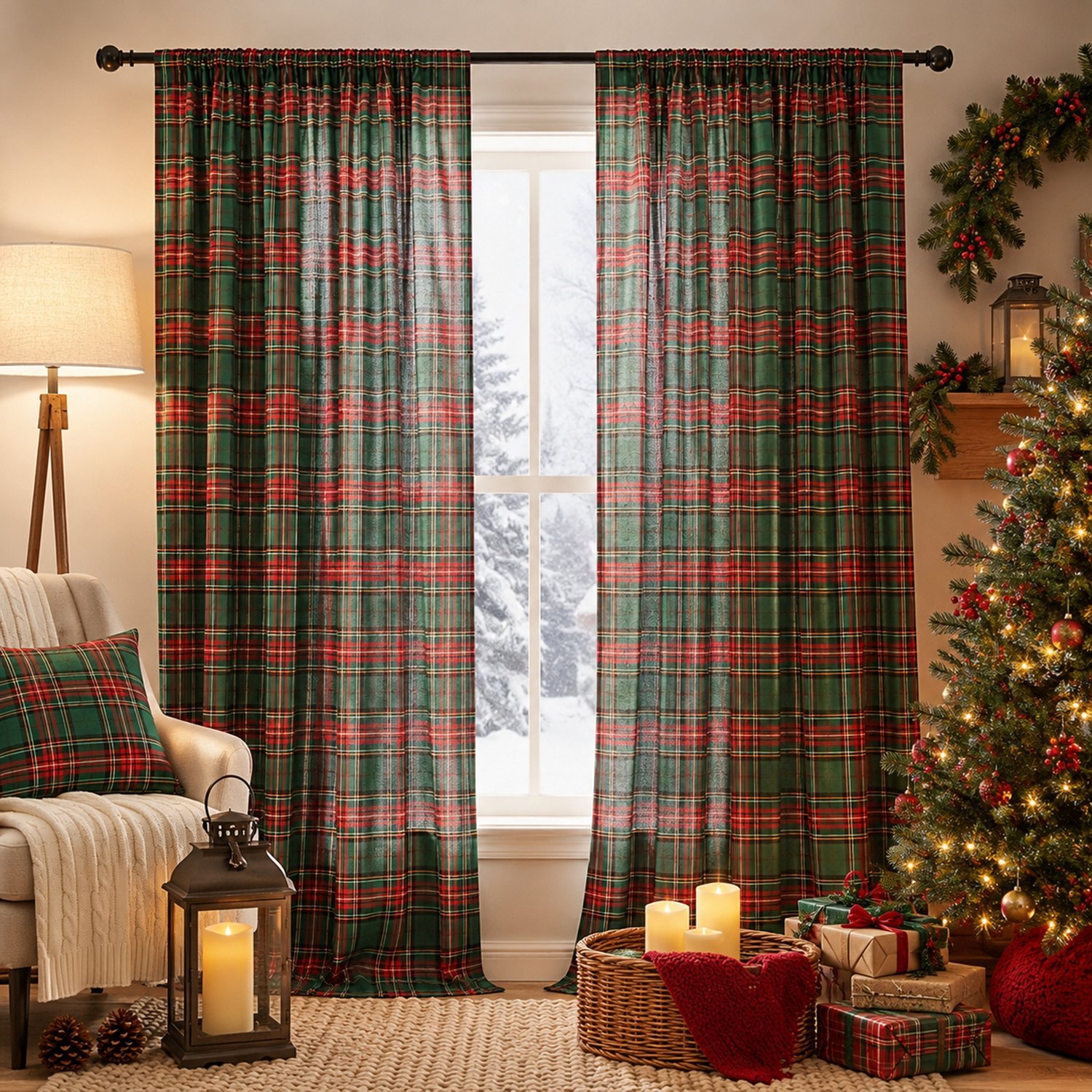 LAPAMAX Kerstgordijnen met Schotse ruit en multifunctionele ophangband - Lichtdoorlatende gordijnen en raamdecoratie van polyester - voor woonkamer, slaapkamer en eetkamer - Groen - 132 x 274 cm per paneel - 2 stuks