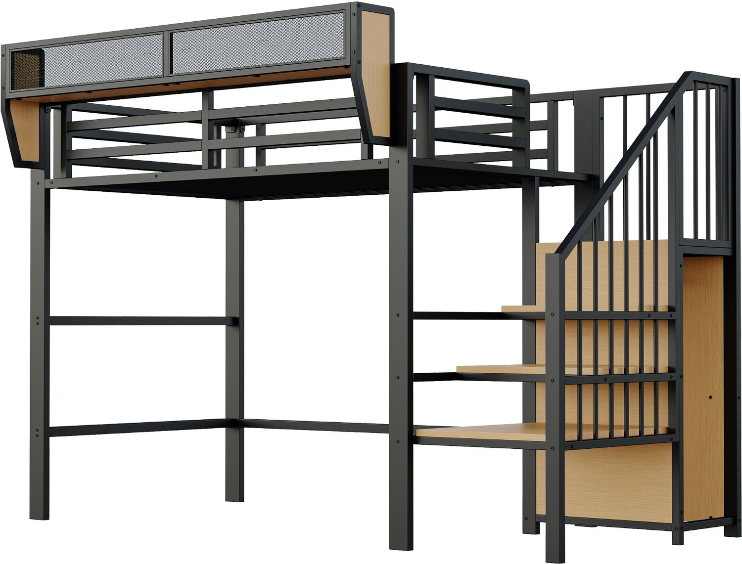 MUVANO Hoogslaper 90 x 200 cm - eenpersoons hoog bed met veiligheidsladder en verstelbare opbergruimte - metalen bed, 140 cm vrije ruimte, zwart