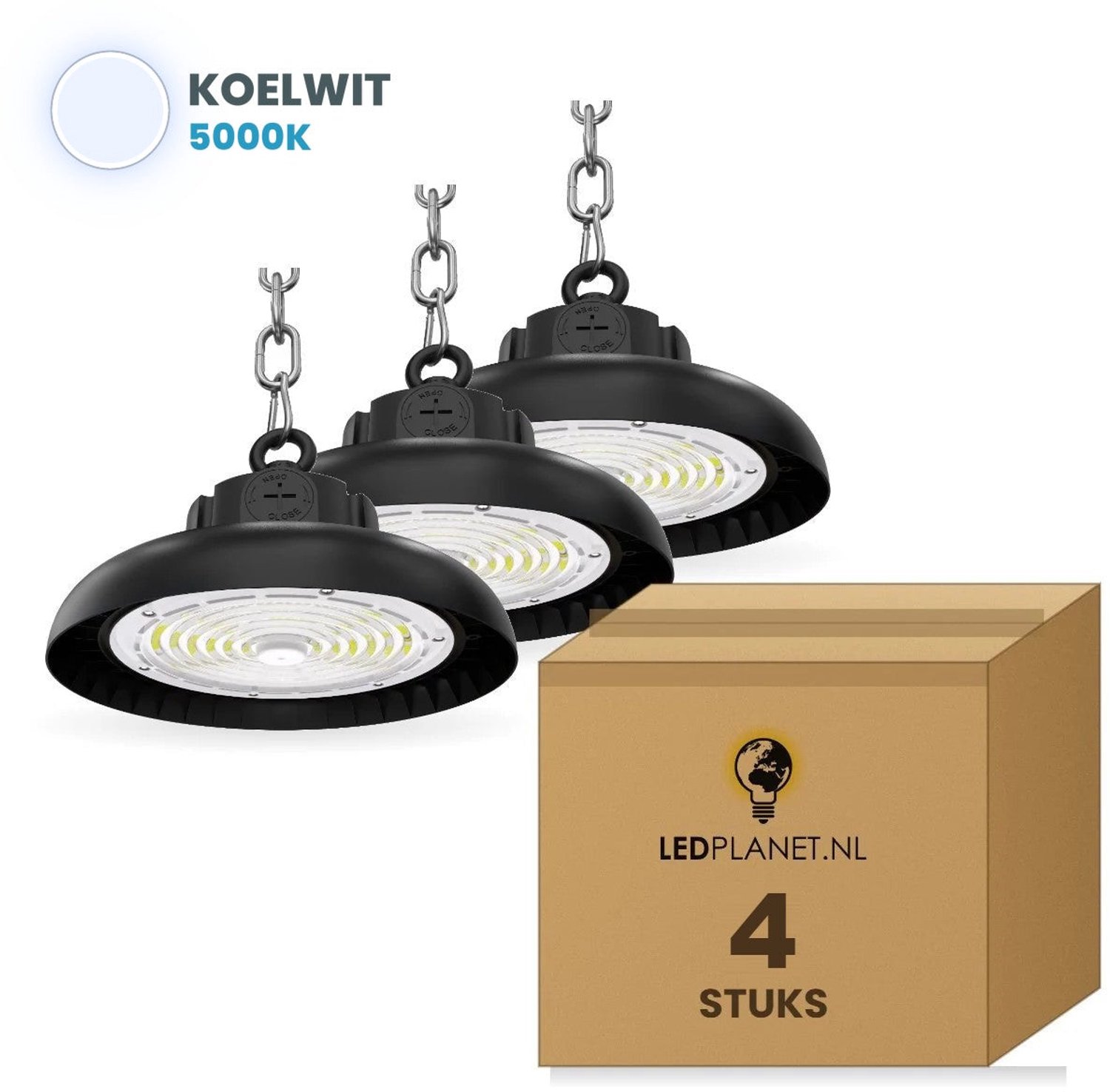 Tsong LED high bay UFO 200W - 4 stuks - Koelwit 5000K - 40.000 lm - 200 lm/W - instelbaar 120/160/200W - 0-10V dimbaar - IP65 - 230V