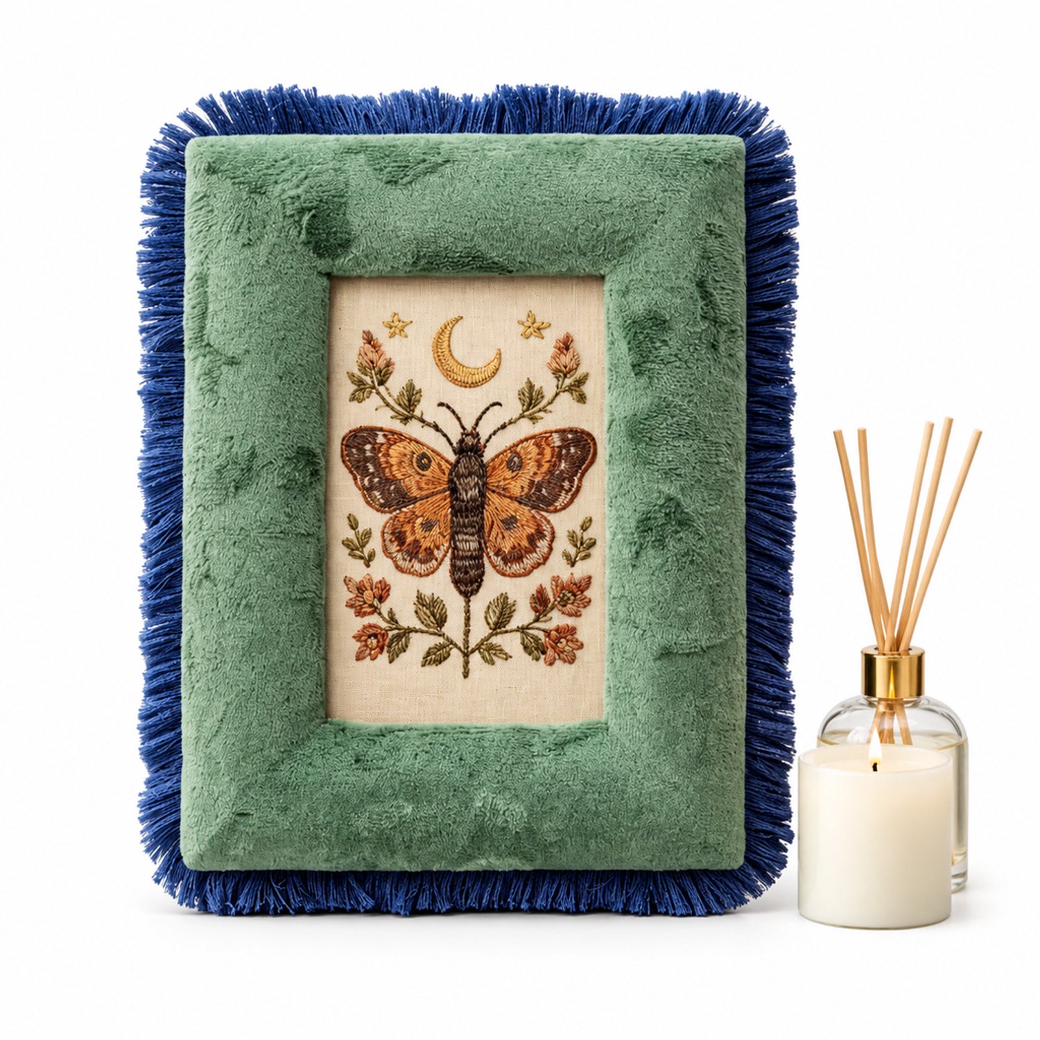 SWGOTA Fluwelen fotolijst voor foto's van 10 x 15 cm - Donkergroen met blauwe franjes - Buitenmaat 20 x 26 cm - Staand en liggend - Met glas en decoratieve afbeelding