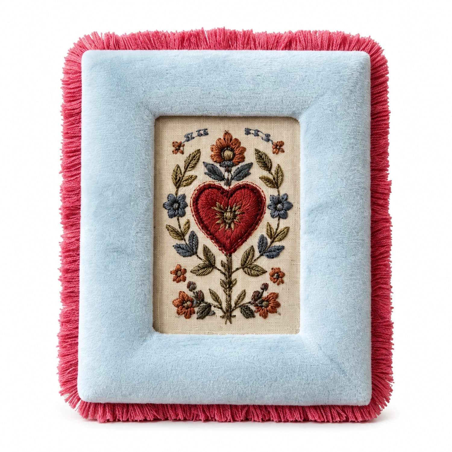 SWGOTA Fluwelen fotolijst voor foto's van 10 x 15 cm, hemelsblauw met roze franjes, buitenmaat 20 x 26 cm, horizontaal en verticaal neer te zetten, inclusief glas en afbeelding