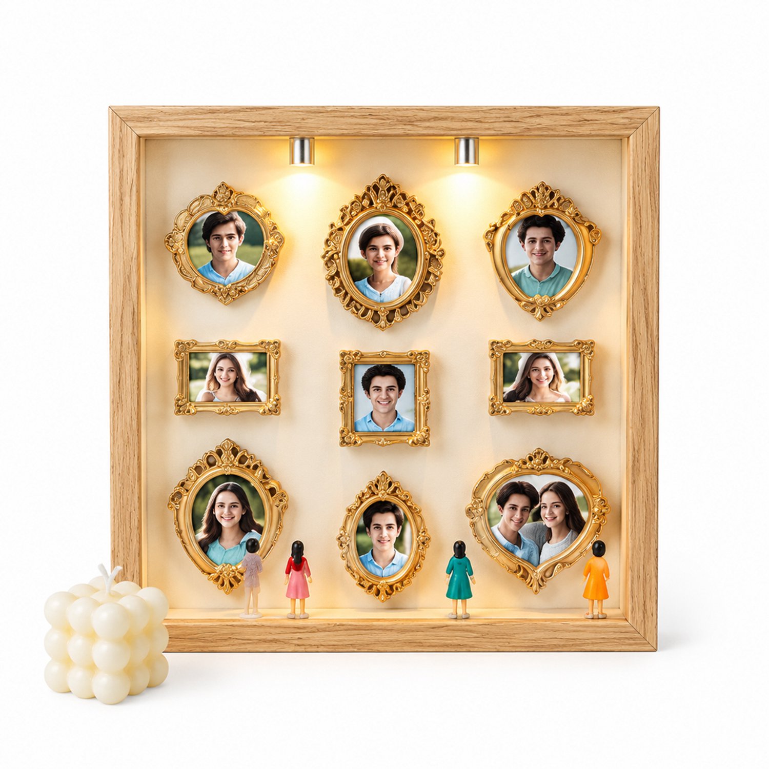 SWGOTA Witte MDF-displaylijst met 2 lampen, binnenmaat 15 x 20 cm, voor foto's en kleine decoraties op tafel