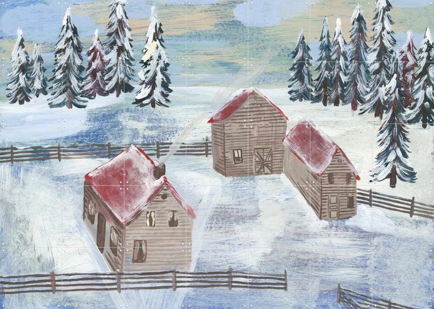 IXXI Paysage De Neige, Nathalie Lété - 140 x 100 cm - Grote wanddecoratie en posters - Schilderijen, Woonkamer, Winter, Sneeuw Blauw