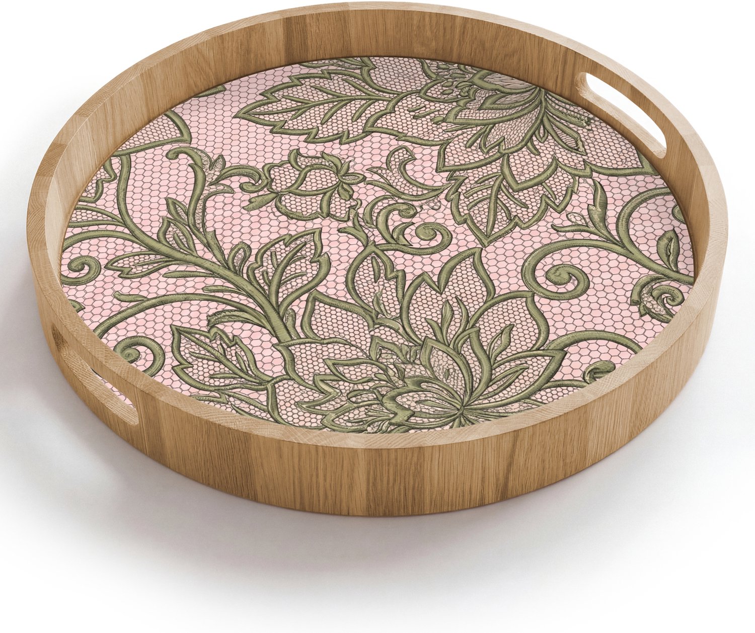 Dienblad rond 40x40 cm - Schootdienblad hout - Bloemen - Kant - Patroon - Klassiek - Groen - Borrelplank rechthoek - Plateau houten dienbladen