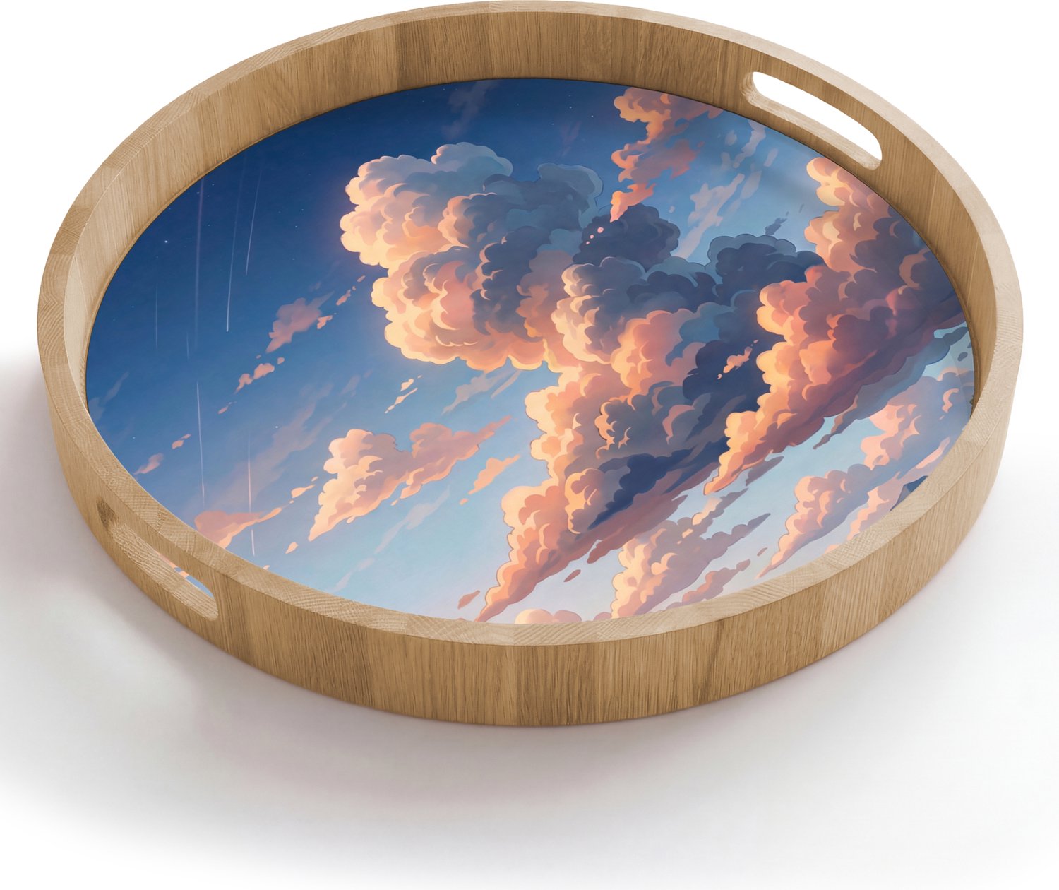 Dienblad rond 50x50 cm - Schootdienblad hout - Wolken - Daghemel - Natuur - Illustratie - Oranje - Borrelplank rechthoek - Plateau houten dienbladen