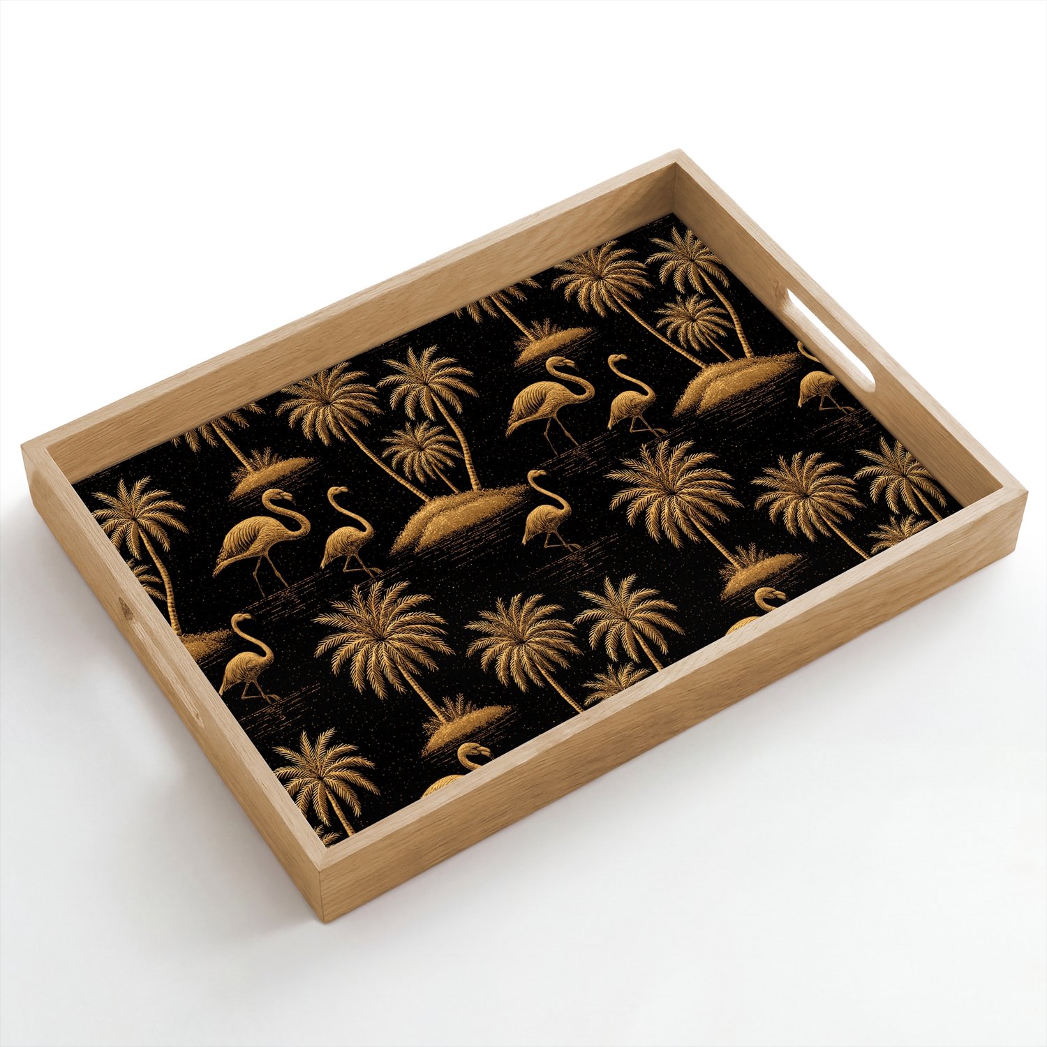 Dienblad hout 50x35 cm - Schootdienblad - Flamingo - Palmbomen - Tropisch - Goud - Zwart - Borrelplank rechthoek - Plateau dienbladen