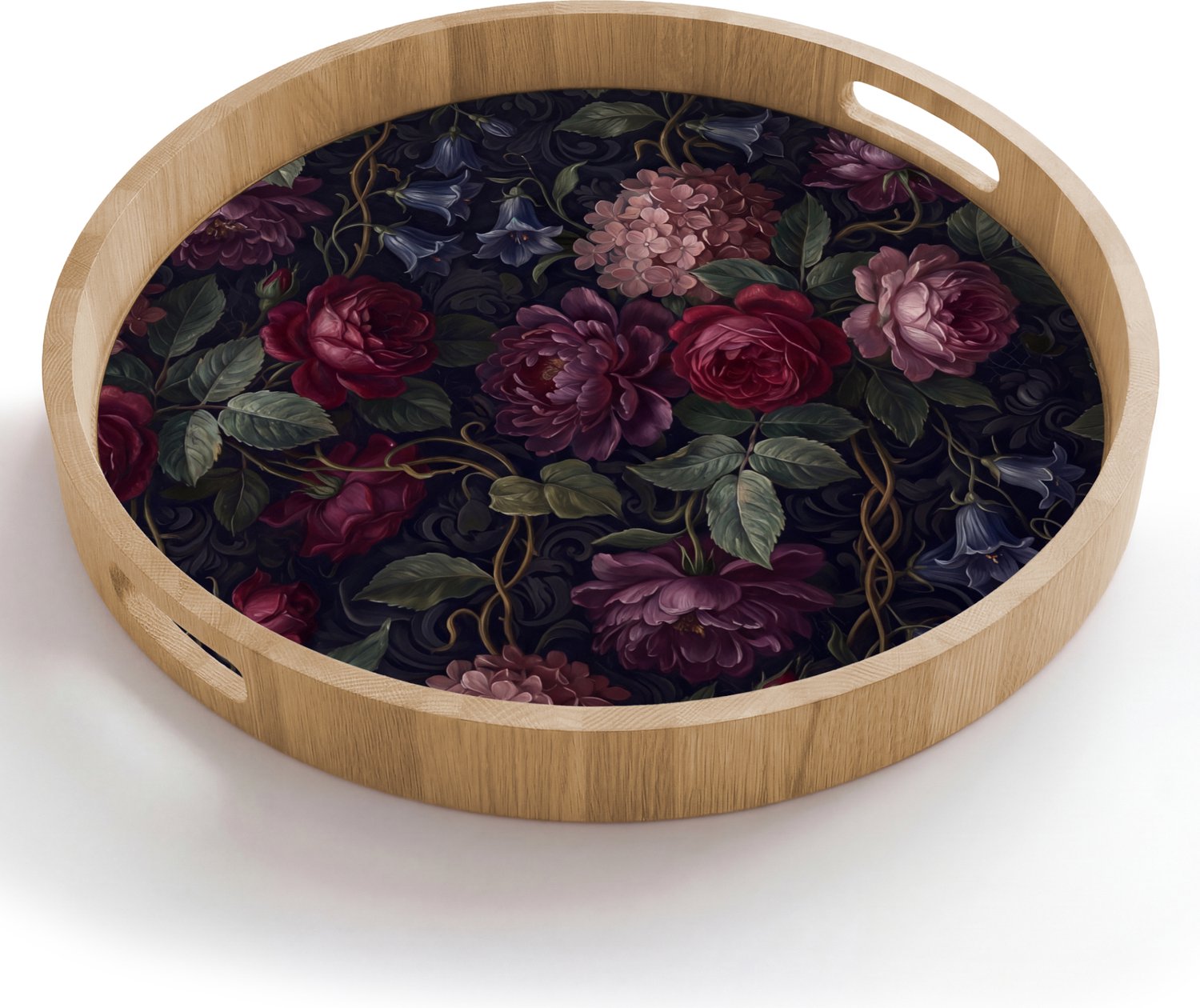 Dienblad rond 50x50 cm - Schootdienblad hout - Bloemen - Rood - Klassiek - Donker - Patroon - Borrelplank rechthoek - Plateau houten dienbladen