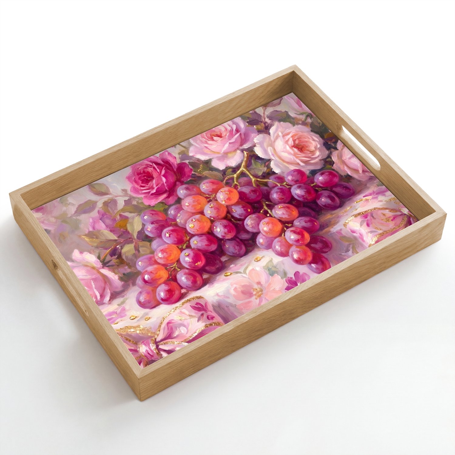Dienblad hout 50x35 cm - Schootdienblad - Eten - Bloemen - Stilleven - Roze - Goud - Borrelplank rechthoek - Plateau dienbladen