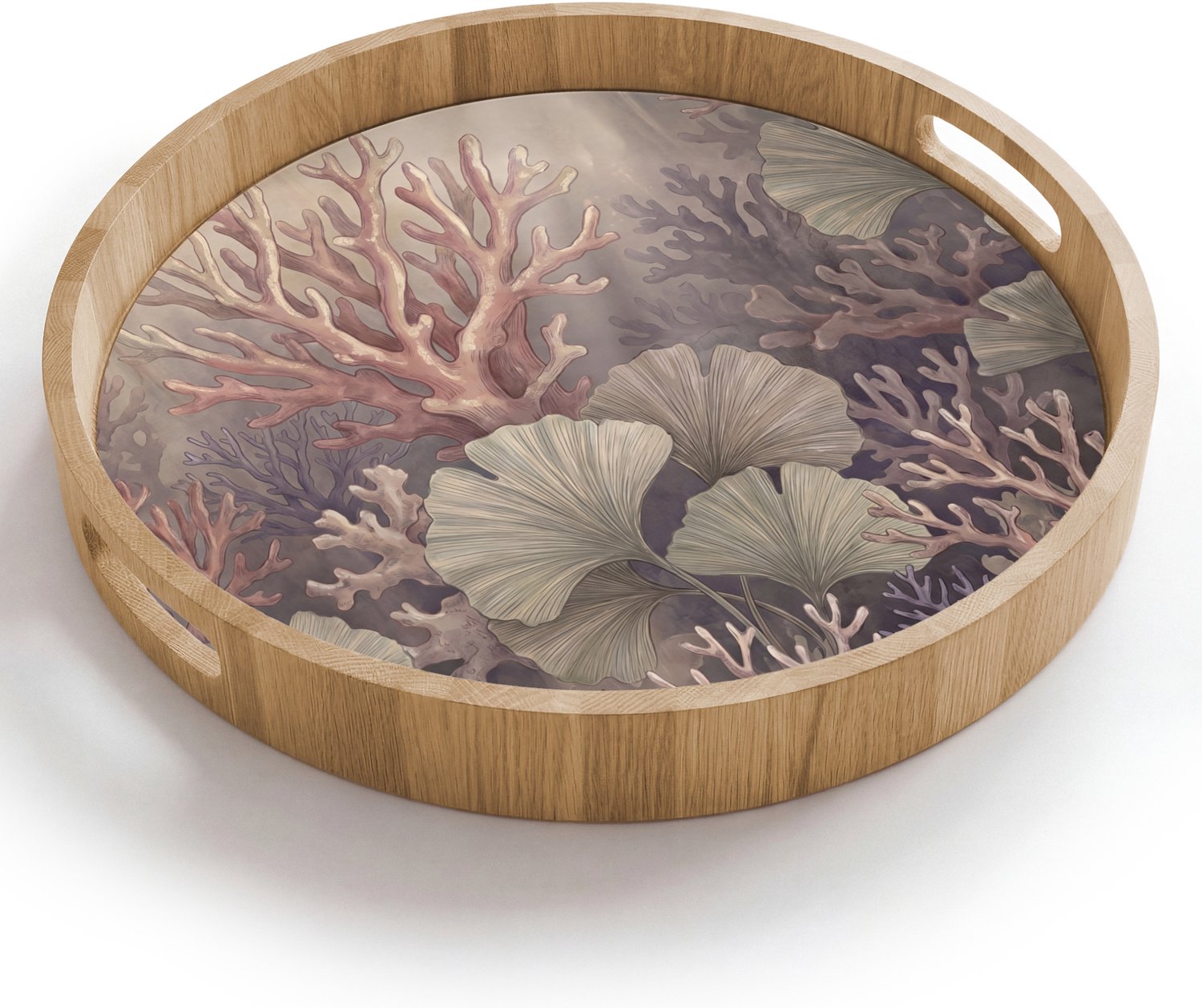 Dienblad rond 40x40 cm - Schootdienblad hout - Plant - Bladeren - Zee - Illustratie - Groen - Borrelplank rechthoek - Plateau houten dienbladen