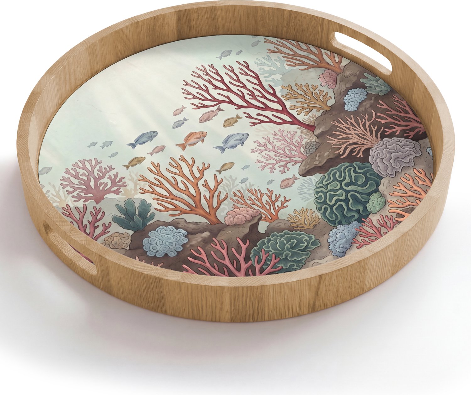 Dienblad rond 50x50 cm - Schootdienblad hout - Onderwater - Koraal - Vis - Natuur - Borrelplank rechthoek - Plateau houten dienbladen