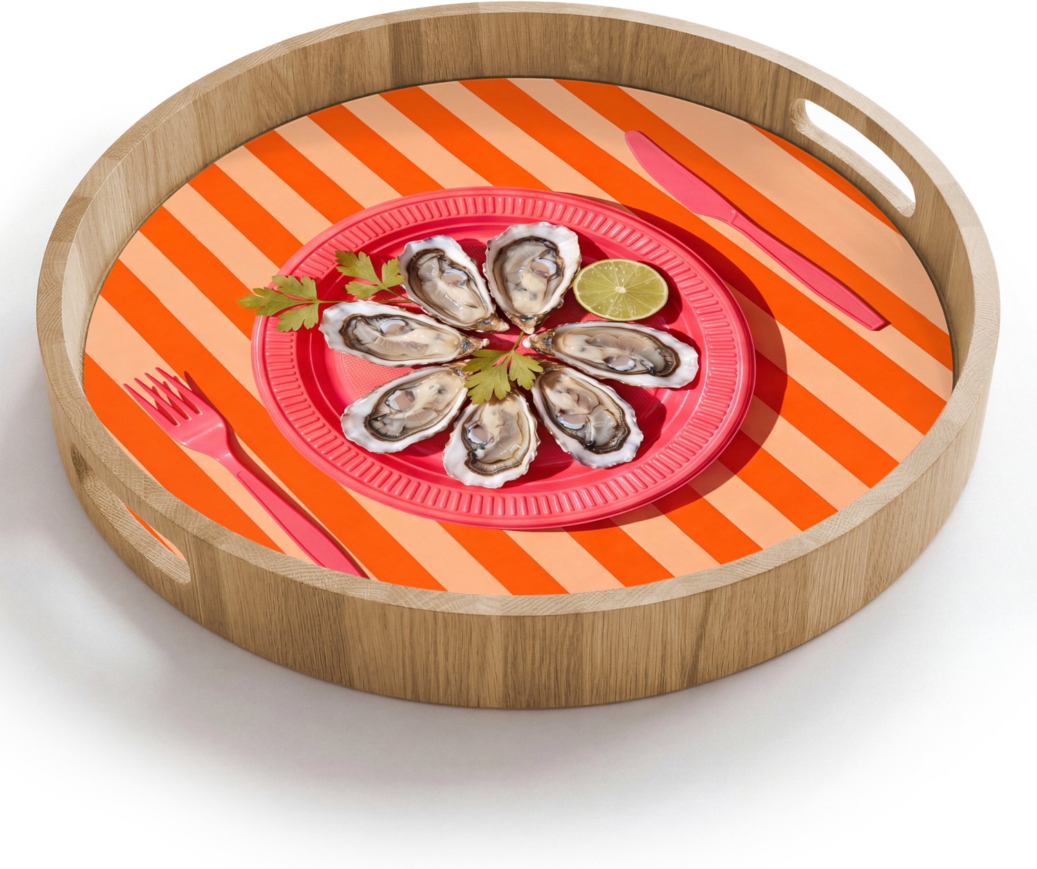 Dienblad rond 40x40 cm - Schootdienblad hout - Eten - Oester - Zeevruchten - Oranje - Modern - Borrelplank rechthoek - Plateau houten dienbladen