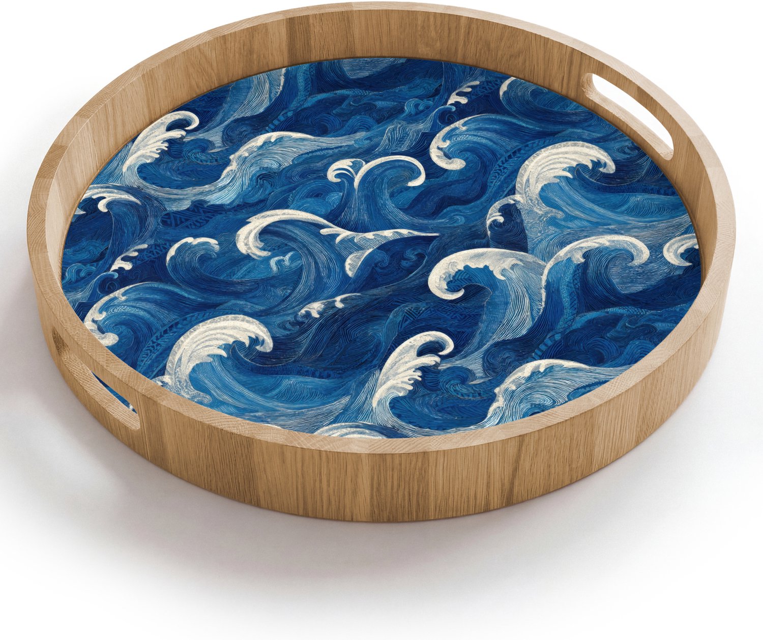 Dienblad rond 40x40 cm - Schootdienblad hout - Japans - Oceaan - Golven - Blauw - Borrelplank rechthoek - Plateau houten dienbladen
