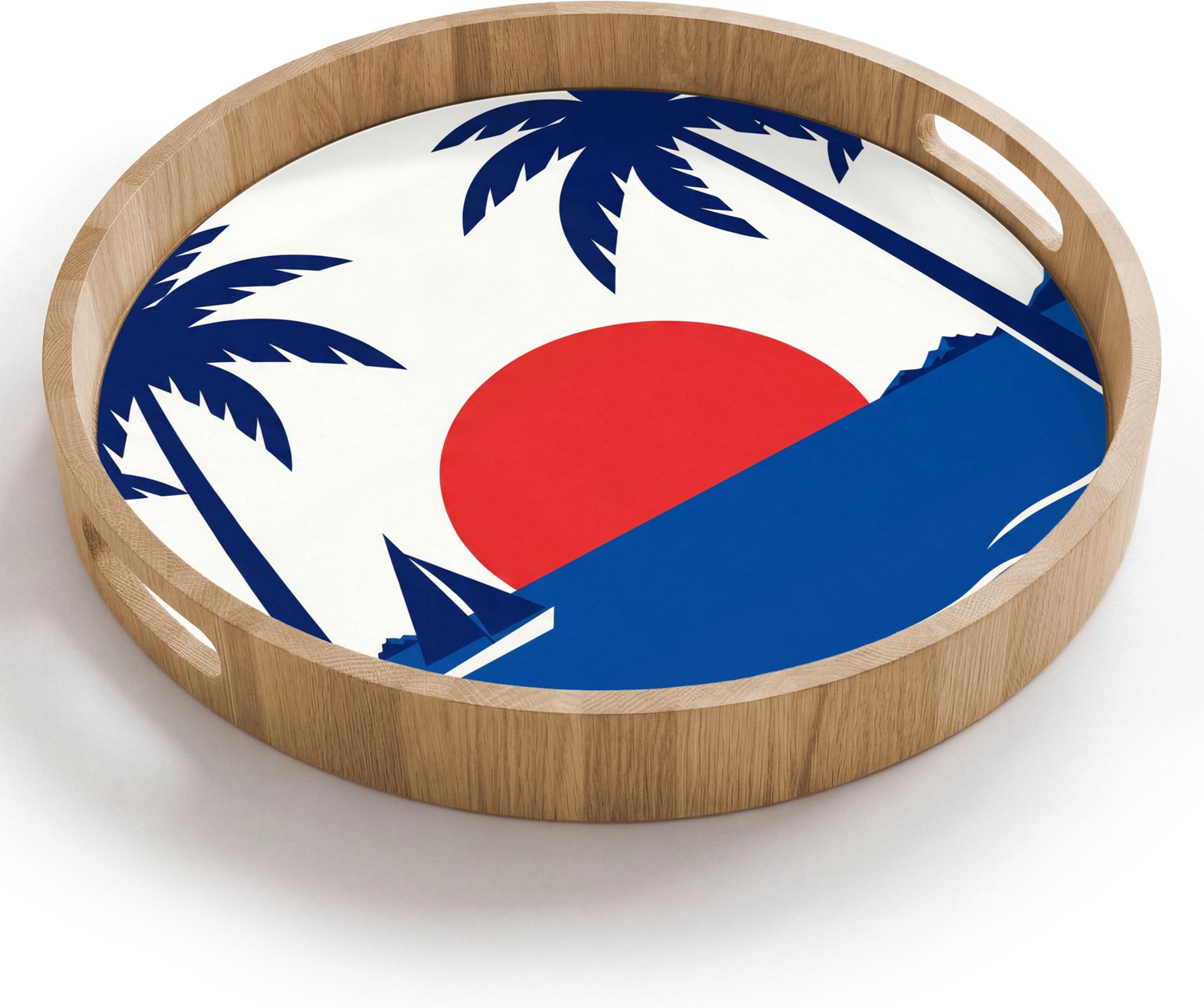 Dienblad rond 40x40 cm - Schootdienblad hout - Zonsondergang - Zee - Palmboom - Tropisch - Modern - Borrelplank rechthoek - Plateau houten dienbladen