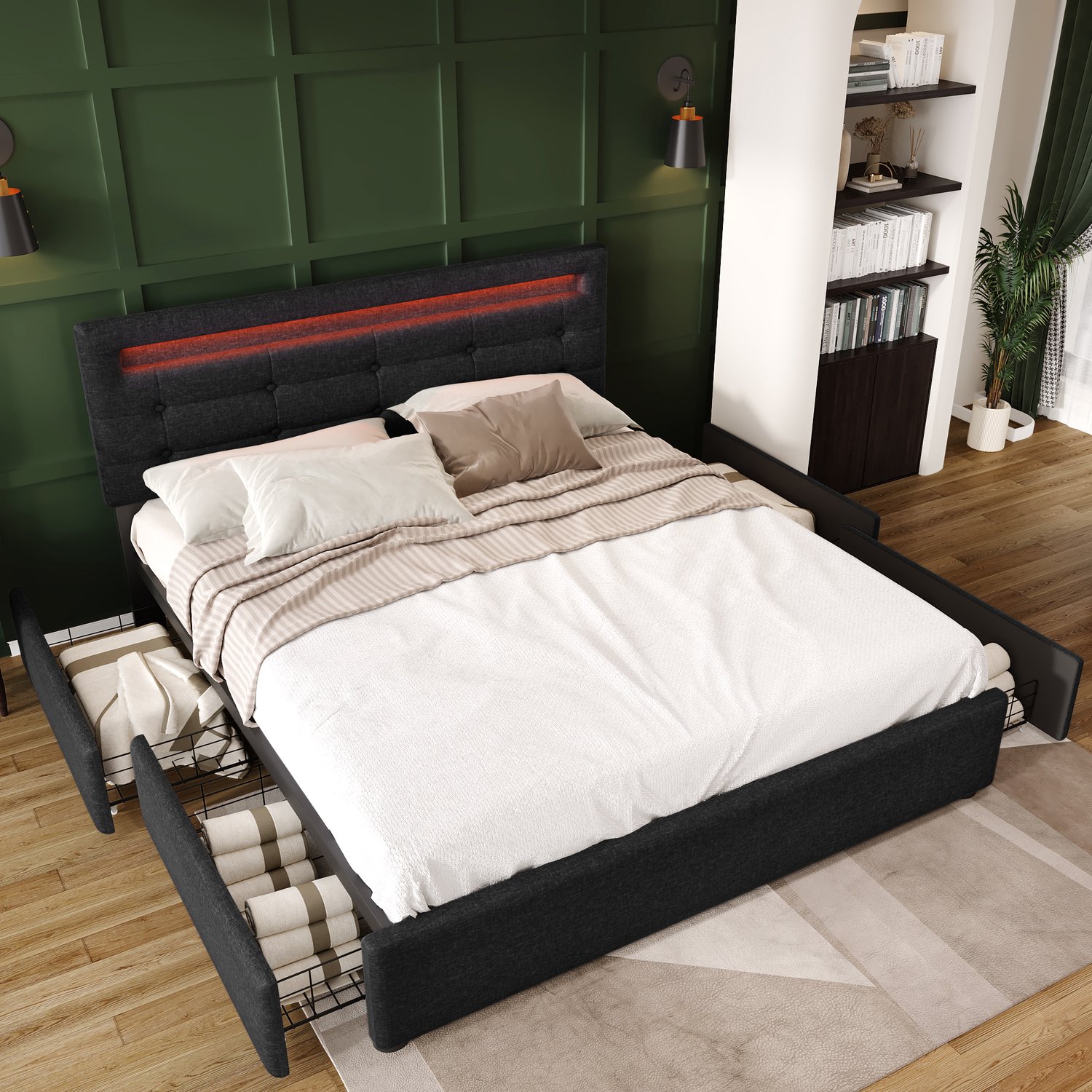 MUVANO Zwart gestoffeerd bed 140x200 - Tweepersoonsbed met 4 lades - Ledverlichting - Linnen en metaal - Verstelbaar hoofdbord - Voor de slaapkamer