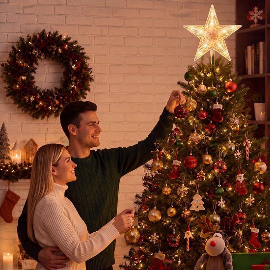 Kerstster Als Piek Voor de Kerstboom, Gouden Kerstboom Piek in de Vorm Van Een Ster, Decoratie op Batterijen Voor Kerstbomen Binnenshuis.