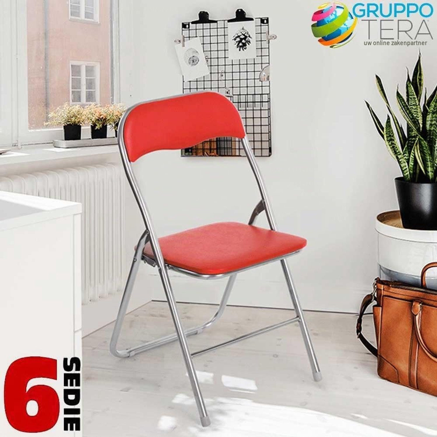 Inklapbare Eetkamerstoelen Set van 6 Rood – Gestoffeerde Klapstoelen met Comfortabele Rugleuning, Stevig Metalen Frame met Chroomafwerking, Ruimtebesparende Keukenstoelen voor Eetkamer, Woonkamer en Kantoor, 44 x 49 x 79 cm