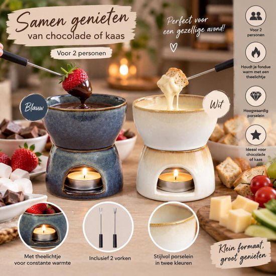 Bellatio Design Chocolade of kaas fondue set - met 2 vorken - creme wit - porselein - voor 2 personen- moederdag - cadeau — afbeelding 2