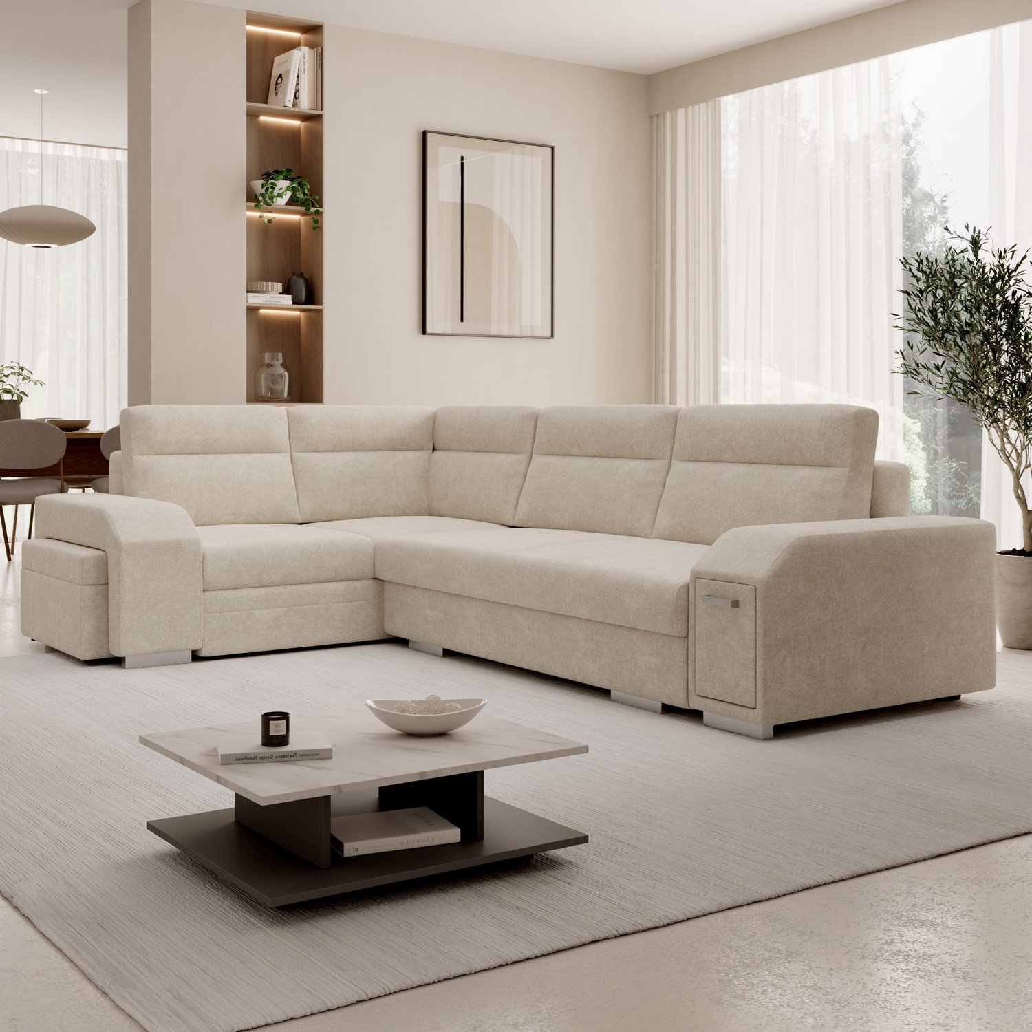 MEUBELLA Aurem - Hoekbank 4-zits met poef - Stof beige - Links