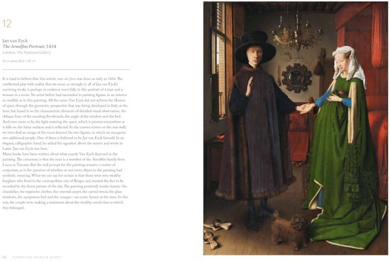 Pagina 76-77 met Jan van Eycks 'Arnolfini-portret', een echtpaar in een rijk interieur met een hondje.