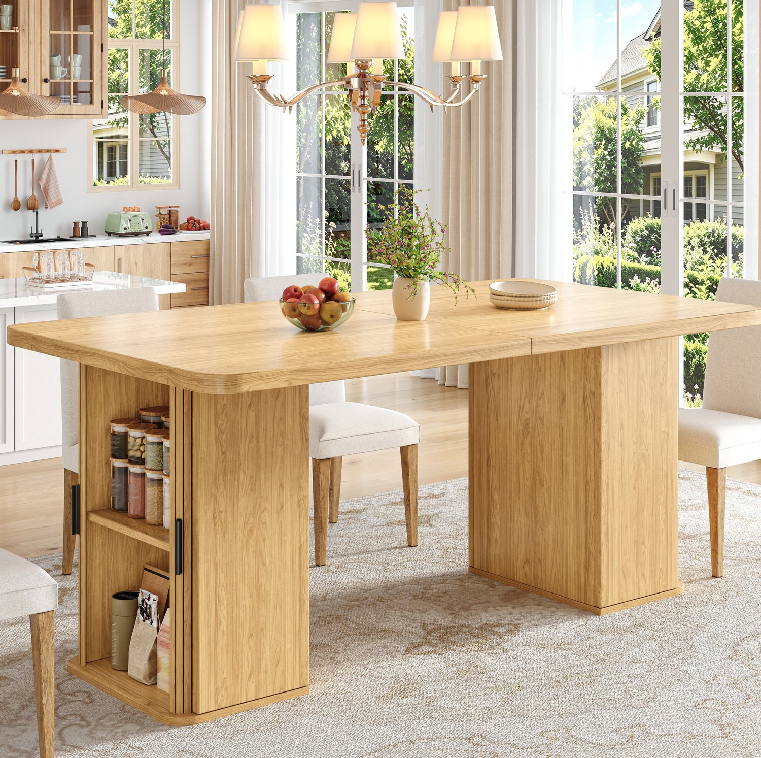 MIVRAY Eettafel - Uitschuifbaar Met Opbergruimte - MDF En Metaal - Naturel Houtdessin Natuurlijke houtkleur