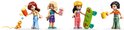 Vier LEGO Friends-minipoppetjes met accessoires zoals skateboards, drankjes en een huisdier.