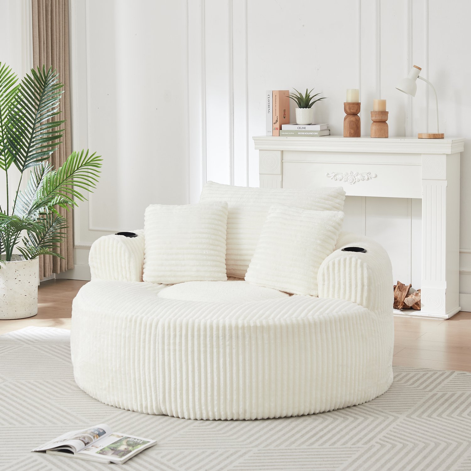 OKWISH Zitzak 142 bij 142 bij 85 cm - Ronde Loungestoel met 3 Kussens en 2 Bekerhouders - Voor Woonkamer en Slaapkamer - Ribstof - Beige Gebroken wit