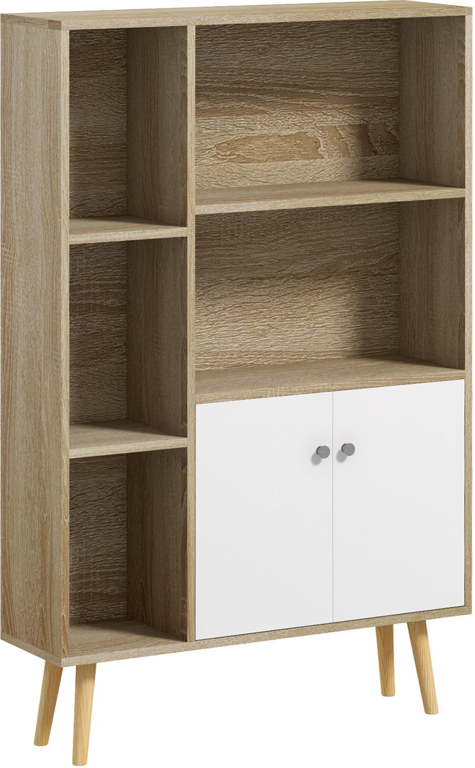 Lunpog Scandinavische boekenkast met 5 vakken - 2 deuren met legplank afm- 80 L x 23,5 x 123 H cm - schuine taps toelopende poten massief hout eiken