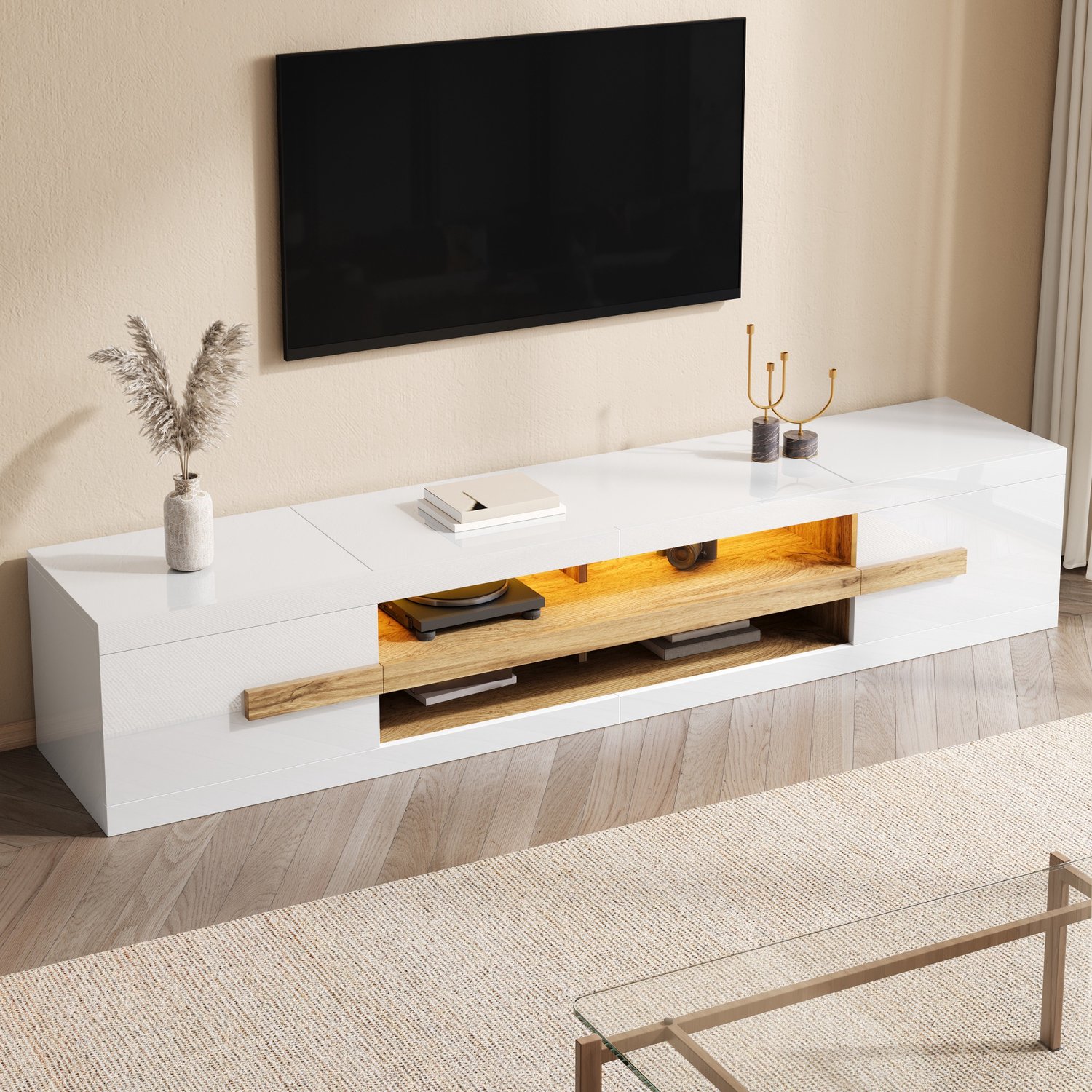Wishdor Tv-meubel met ledverlichting en appbediening - Twee deuren en open vakken - Opbergruimte voor media en accessoires - Modern design met houtlook - Wit hoogglans - 200 x 40 x 38 cm