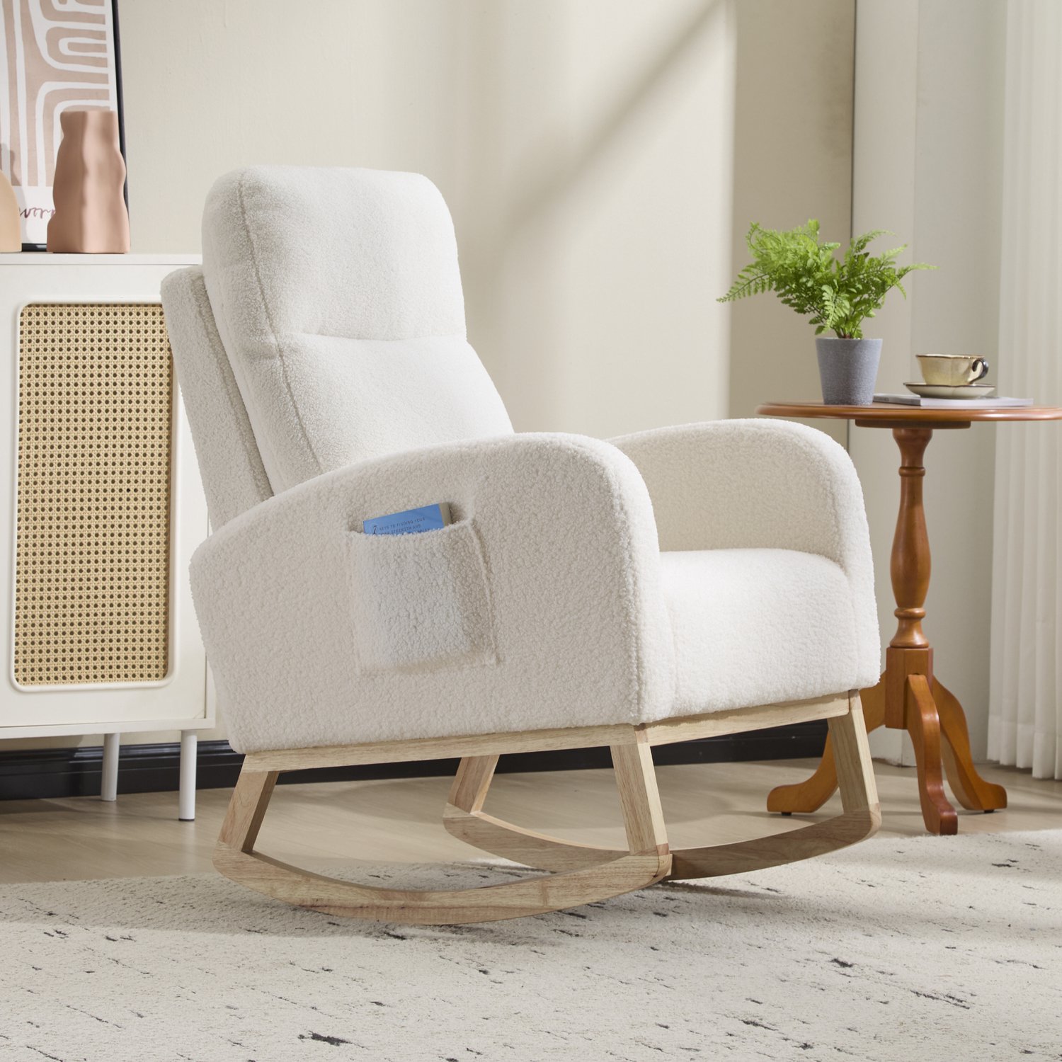 OKWISH Schommelstoel 75 x 63 x 104 cm - Hoge Rugleuning en Zijvak - Voor Voedingskamer en Woonkamer - Teddy Stof en Hout - Wit