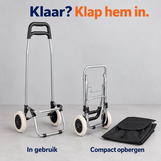 Vergelijking tussen de trolley in gebruik en de opgevouwen trolley met losse tas.