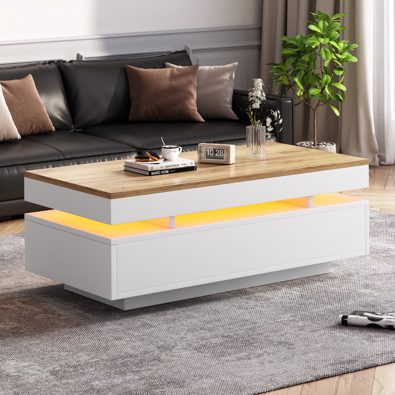 MEUNIQ salontafel 100 x 50 x 35 cm met 2 lades en ledverlichting, rechthoekige hoogglans salontafel voor de woonkamer, wit en houtkleur