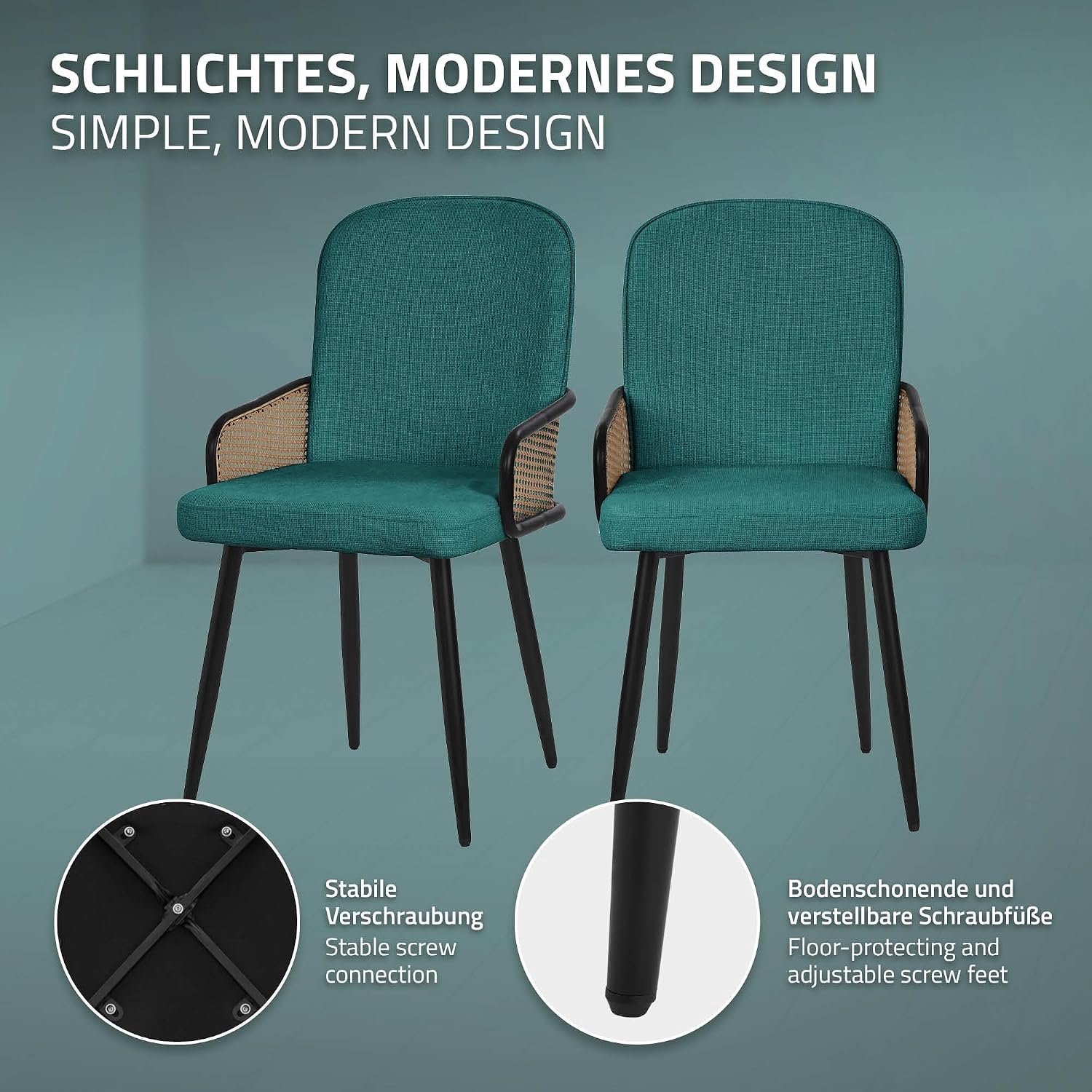 Luxe Eetkamerstoelen Set van 4 Petrol Blauw met Stoffen Bekleding, Rotan Look Armleuningen en Zwarte Metalen Poten – Ergonomische Keukenstoelen