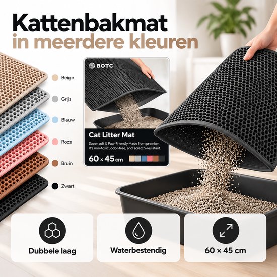BOTC kattenbakmat van 60x45cm in diverse kleuren, met honingraatstructuur, waterbestendig en dubbellaags.