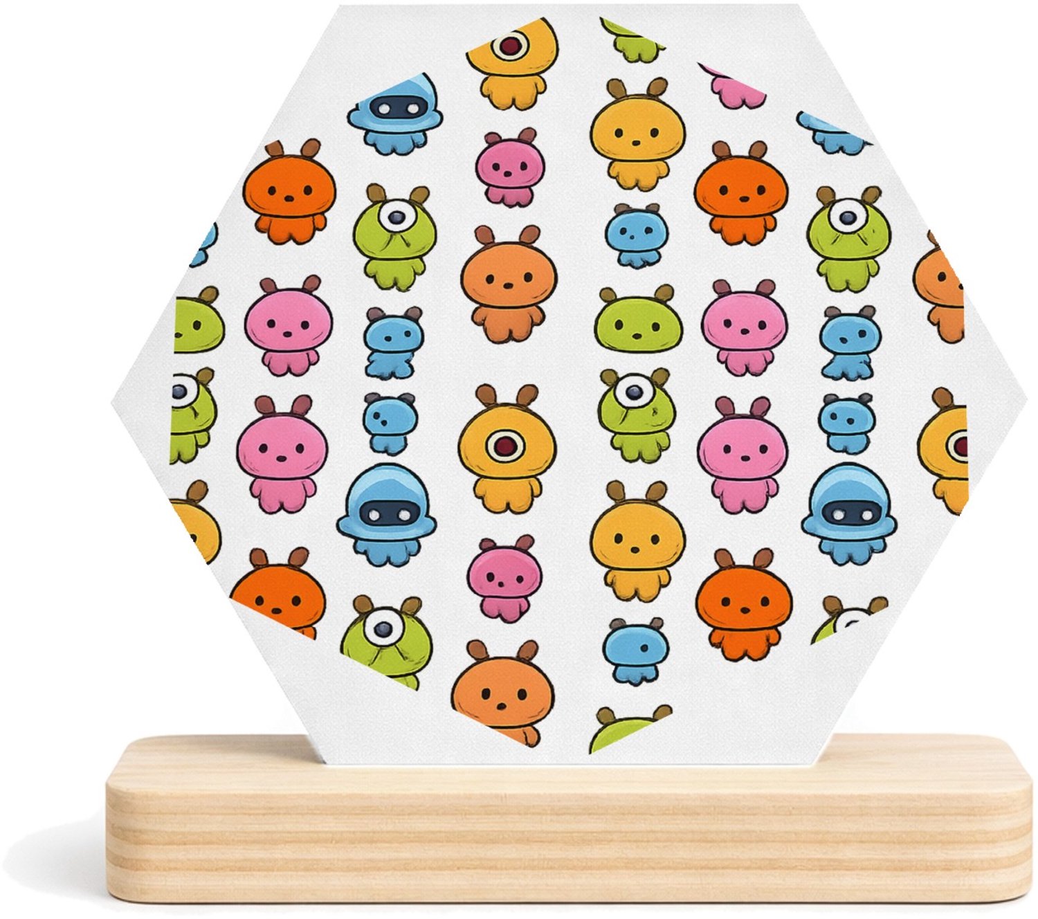 Mr Cadeautjes MDF fotolijst/inleg hexagon 14 x 13 - design Herhaald patroon van kleine ruimtewezens in zachte pastelkle | cadeau Wit
