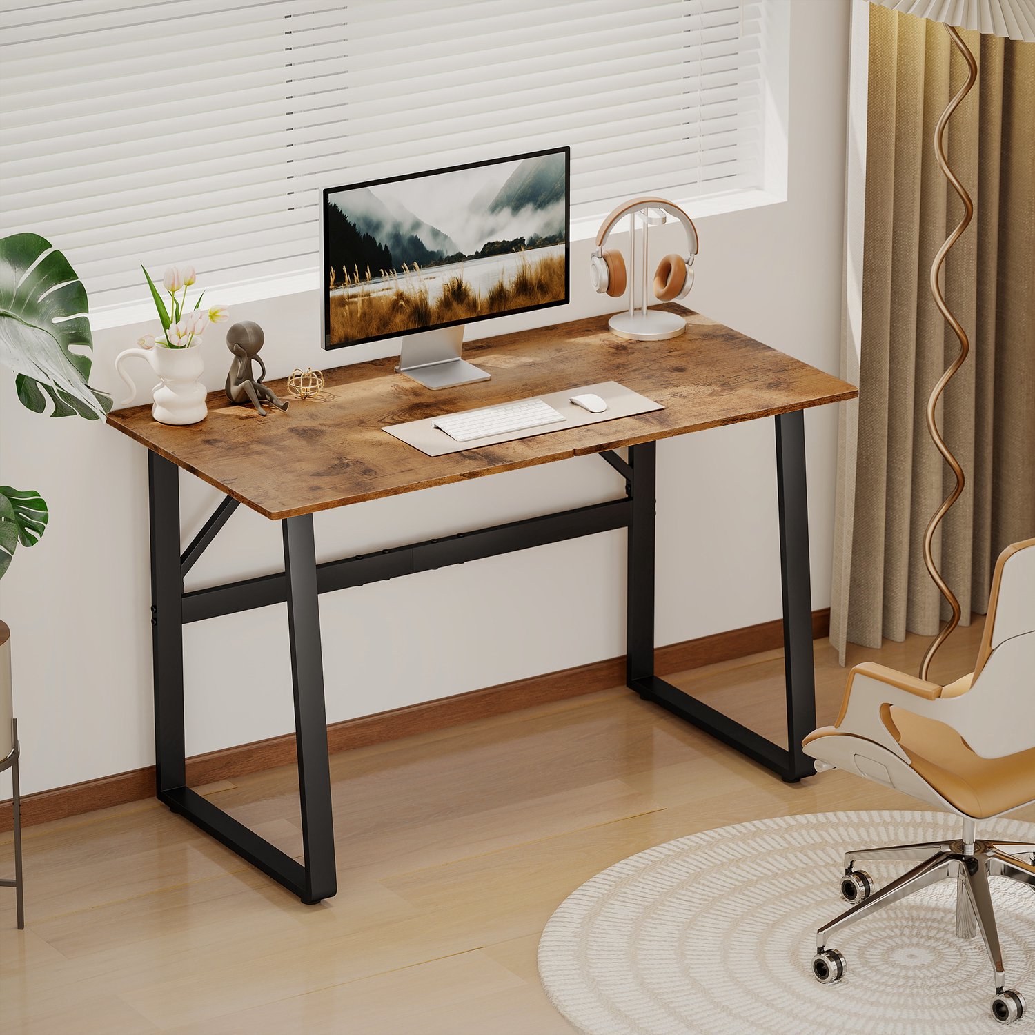 MUVANO Computerbureau 120 cm - Industrieel stalen frame - Verstelbare voetjes - Afgeronde hoeken - 120 x 60 x 76 cm - Voor thuiswerken en studeren - Rustiek bruin