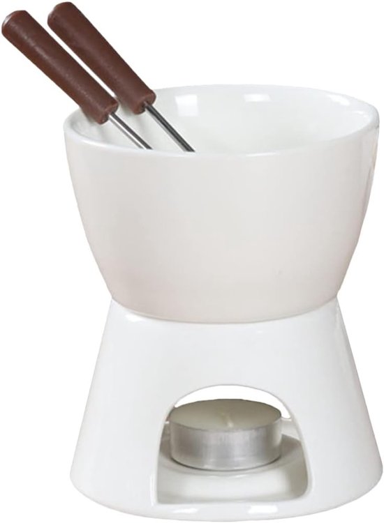 Fondueset Keramiek voor Kaas en Chocolade - Inclusief 4 RVS Vorken Theelicht Demontabele Basis - Perfect voor Gezellige Avonden Camping Picknick - Wit — afbeelding 2
