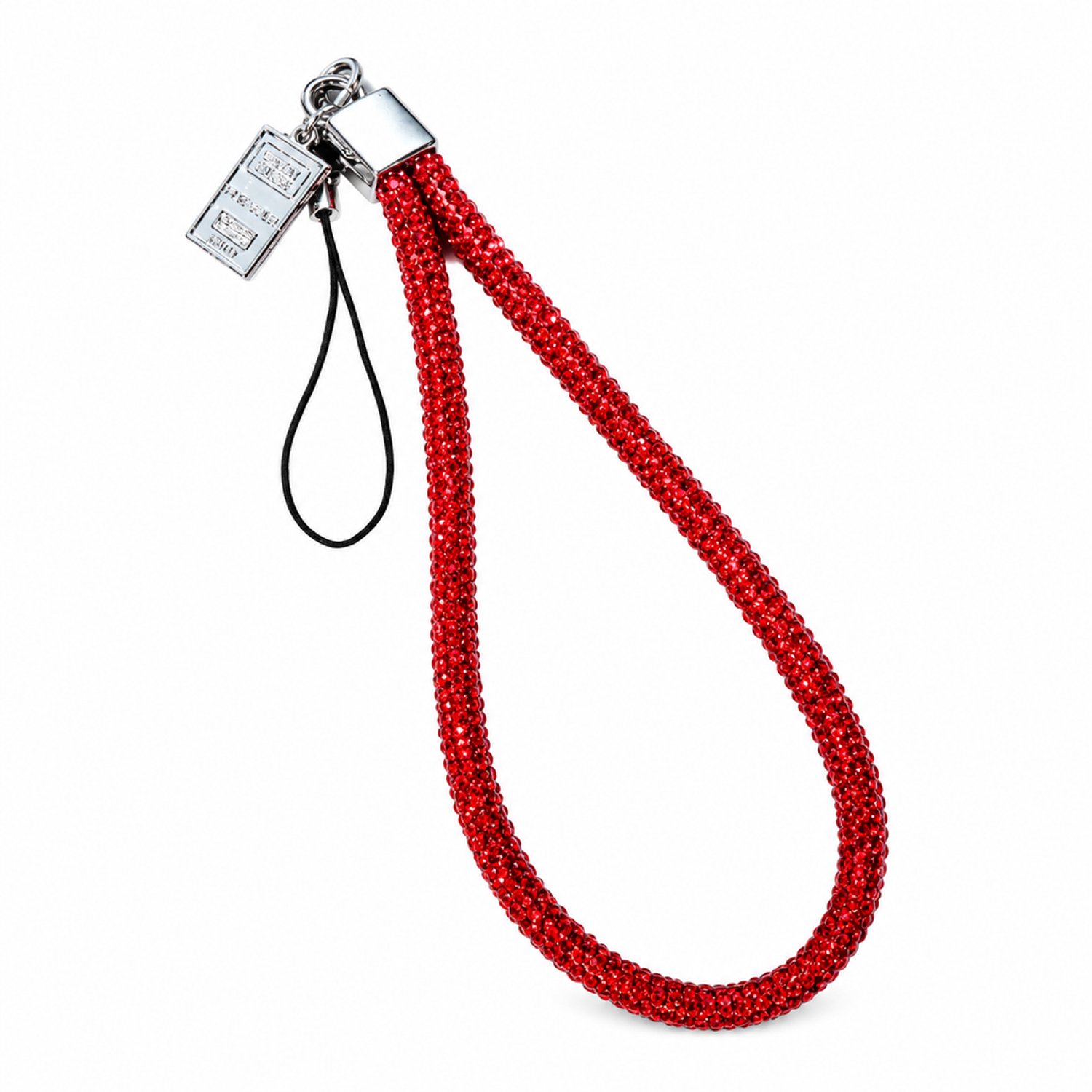 Telefoonkoord voor de pols - rood met strass, metalen hanger en klein bevestigingskoordje - korte uitvoering, afzonderlijk verpakt
