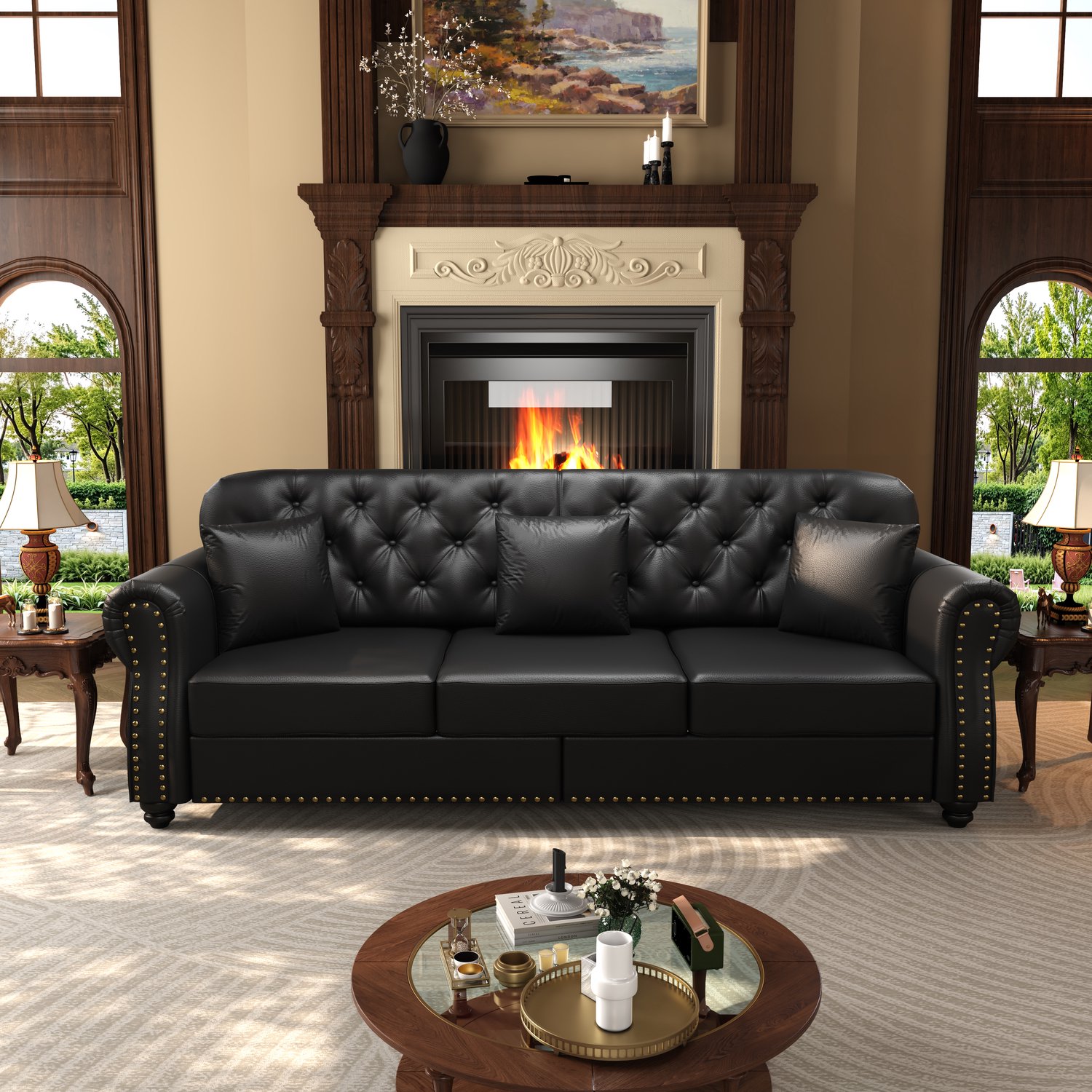 VVBV Chesterfield 3-Zitsbank met Hocker - 210 cm - Zwart Kunstleer - Pocketvering & Knoopcapitonnage - Klassieke Bank met Poef