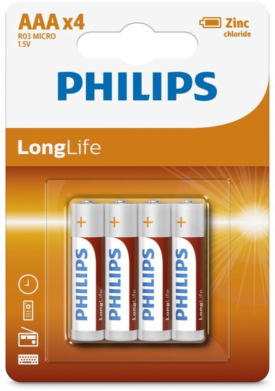 Verpakking met 4 Philips LongLife AAA-batterijen, 1,5V zink-chloride.
