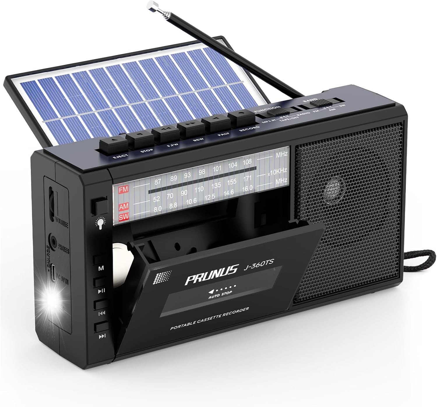 Cassetterecorder - Zwart - Draagbare AM/SW/FM Cassetterecorder met Oplaadbaar Zonnepaneel - Voor Muziekliefhebbers
