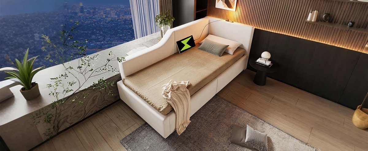 WUVRIE Bedbank 90x190 cm met opbergruimte, leeslamp en USB-C, gestoffeerd in beige