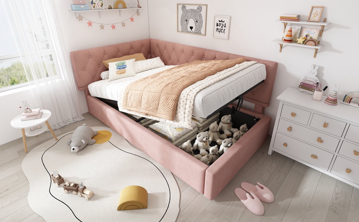 WUVRIE Bedbank 90x190 cm met hydraulische opbergruimte, fluweel en omkeerbaar hoofdeinde, roze